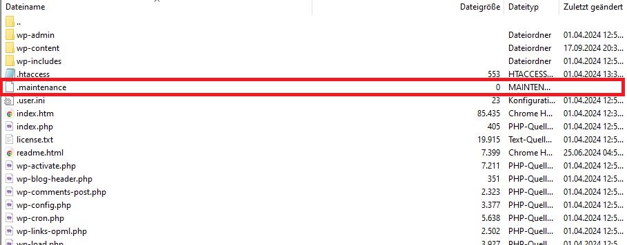 Finden und Löschen Sie die .maintenance-Datei